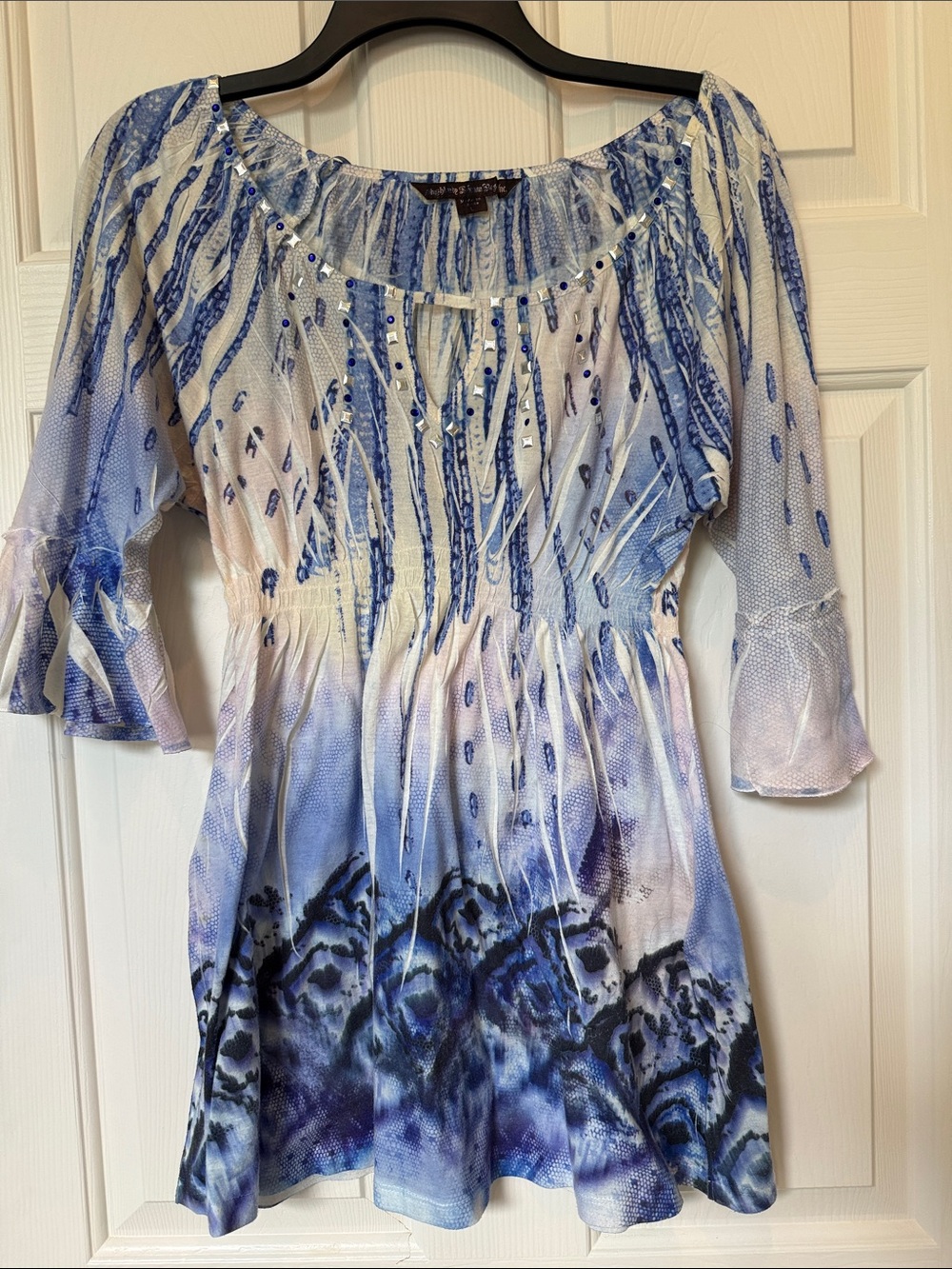 Blue Ombre Peasant Tunic with Beaded Neckline